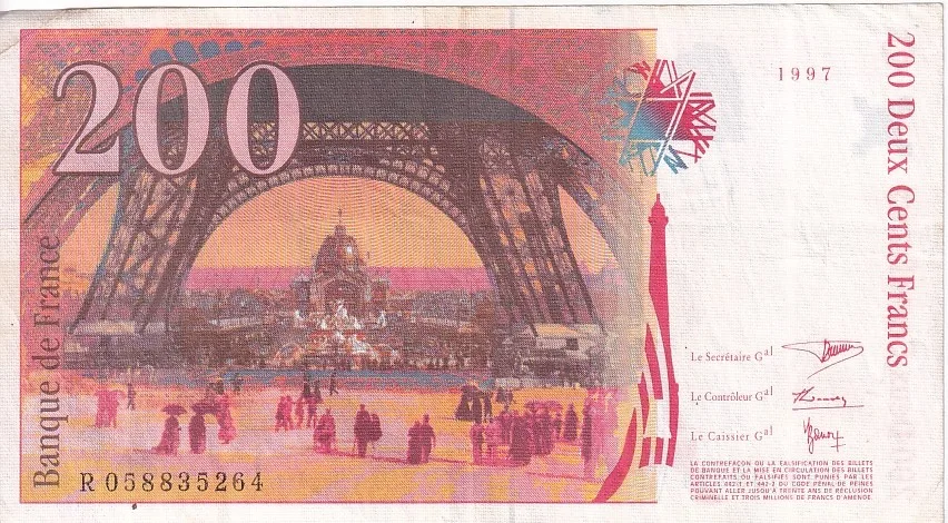 France 200 Francs 1997 Eiffel Tower Very Fine Condition Note