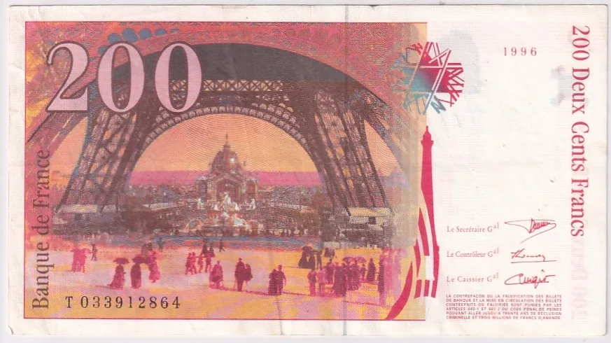 France 200 Francs 1996 Eiffel Tower Very Fine Condition Note