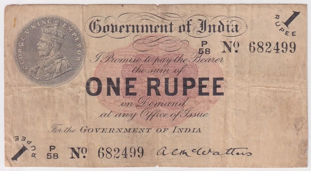 Ex Rare 1 Rupee 1917 A C Watters Sign Small Repair Note Fine Detail