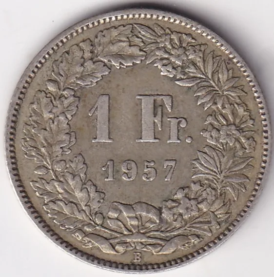 1 Franc Helvetia standing 1957 Silver Switzerland Coin