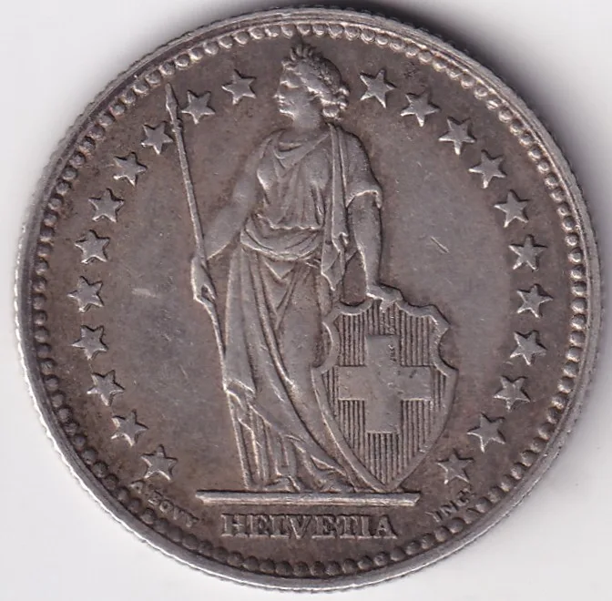 2 Francs Helvetia standing 1944 Silver Switzerland Coin