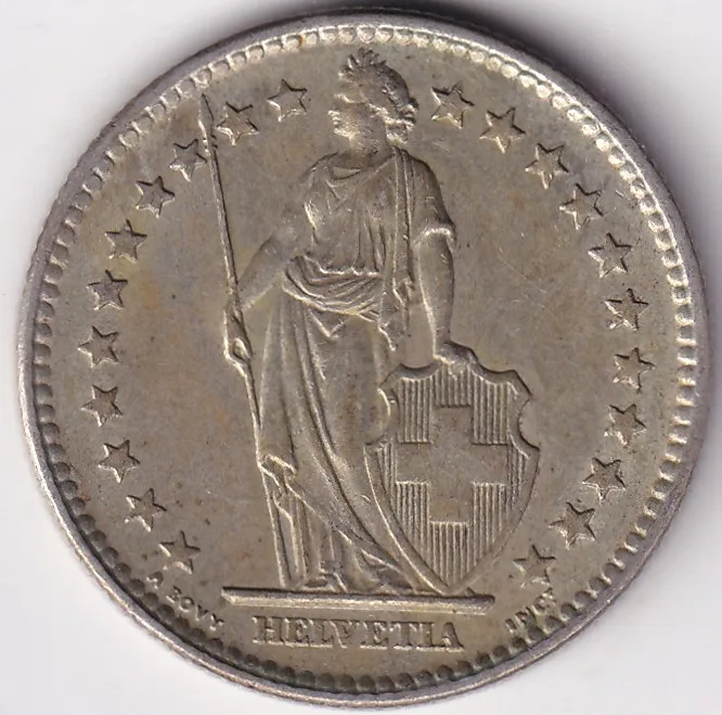 2 Francs Helvetia standing 1961 Silver Switzerland Coin