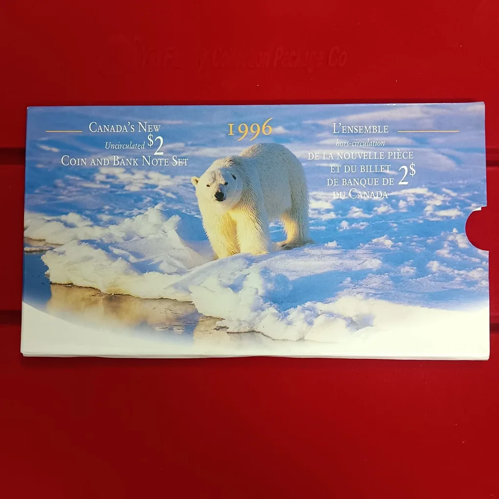 Ex Rare The Polar Bear Canda's New Uncirculated Proof Coin Note 2 Dollar Elizabeth Coin And Bank Elizabeth Note Set 1996 Year Issue ROYAL CANADIAN MINT