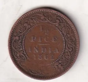 1862 British- India 1/2 Pice (Victoria) Calcutta Mint Rare Coin#C-172