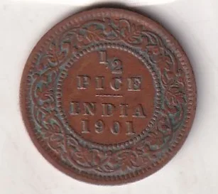 1901 British- India 1/2 Pice (Victoria) Calcutta Mint Rare Coin#C-174