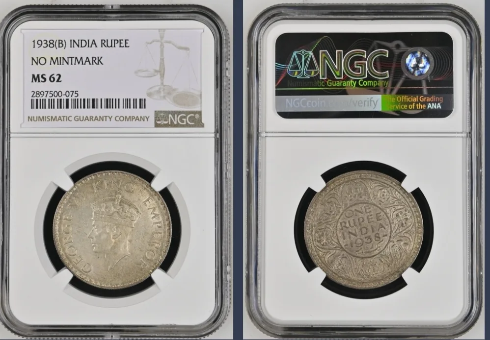 RARE 1938(B) INDIA RUPEE UNC CONDITION NGC GRADED HIGH GRADE MS 62