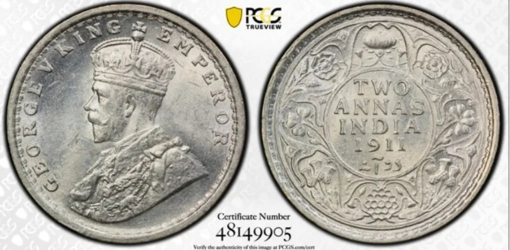 Extremely Rare 2 Anna 1911 PCGS MS63 High Graded Coin Famous Pig Variety Coin Super Hard to Find in this UNC Grade