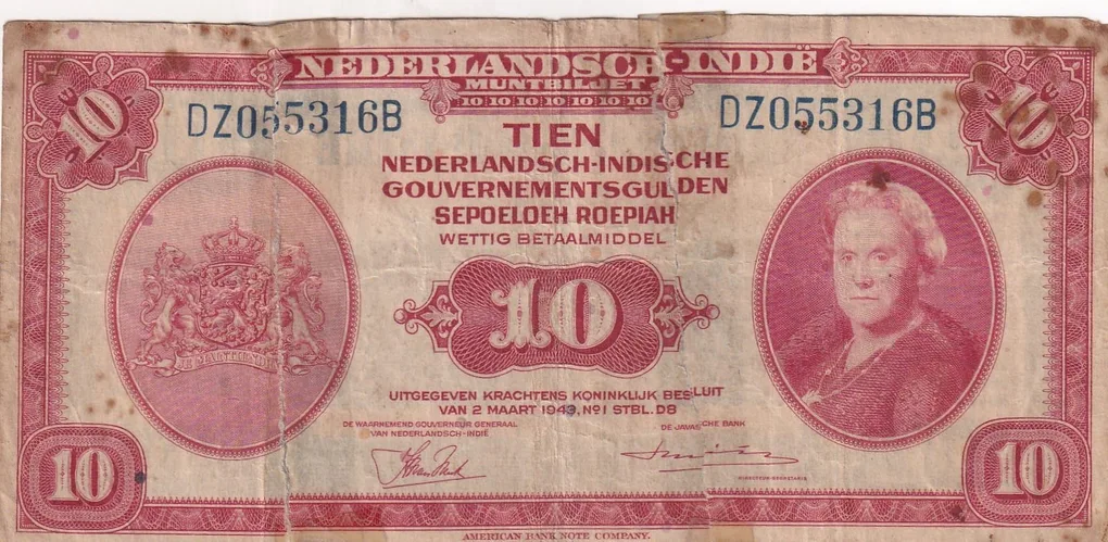 Indonesia (Netherlands East Indies) 10 Gulden - Wilhelmina (Repair Low Condition Note) #B2