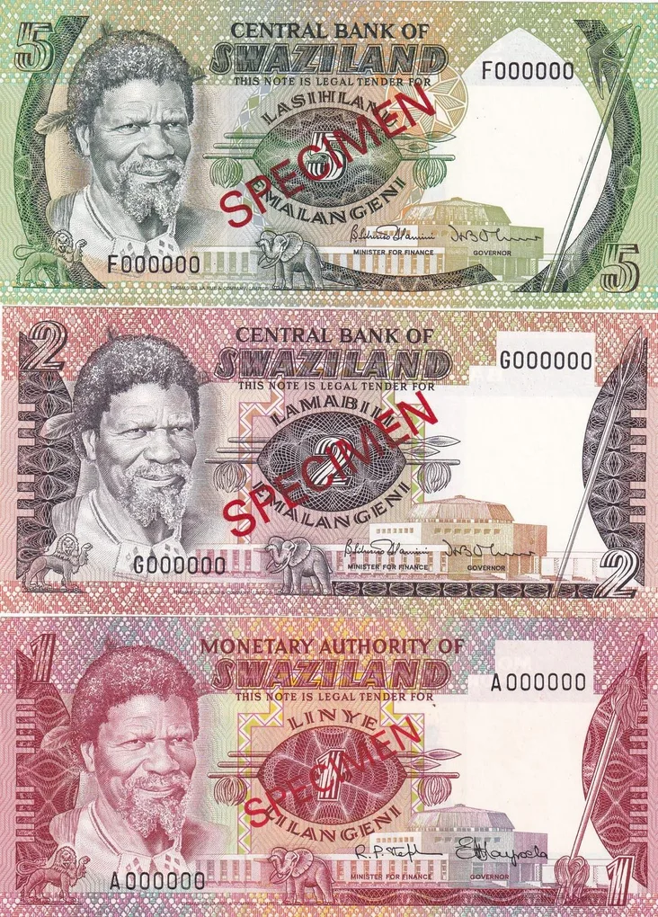 000000 Specimen Rare (3 Note Set) Eswatini › Kingdom of Swaziland - Sobhuza II