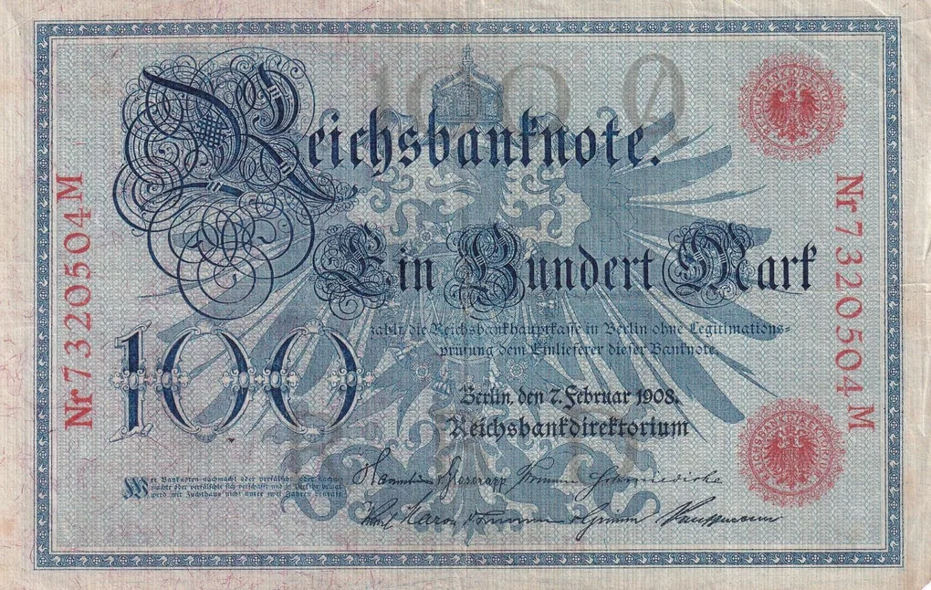 Germany 100 Mark Reichsbanknote; two red seals lowest Rare Note #B2