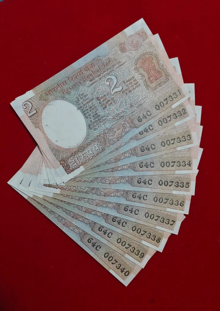 2 RUPEE 10 NOTES GEM UNC CONDITION SATELLITE ISSUE 007331-007340