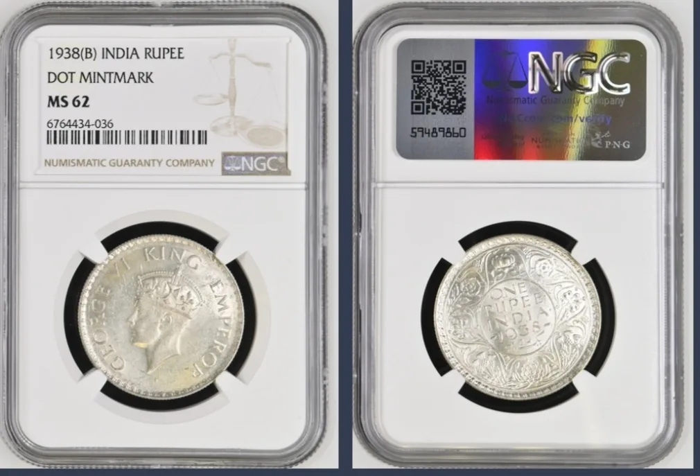Extremely Rare 1 Rs 1938 Bombay Mint NGC GRADED MS 62 British INDIA RUPEE of George VI King Emperor