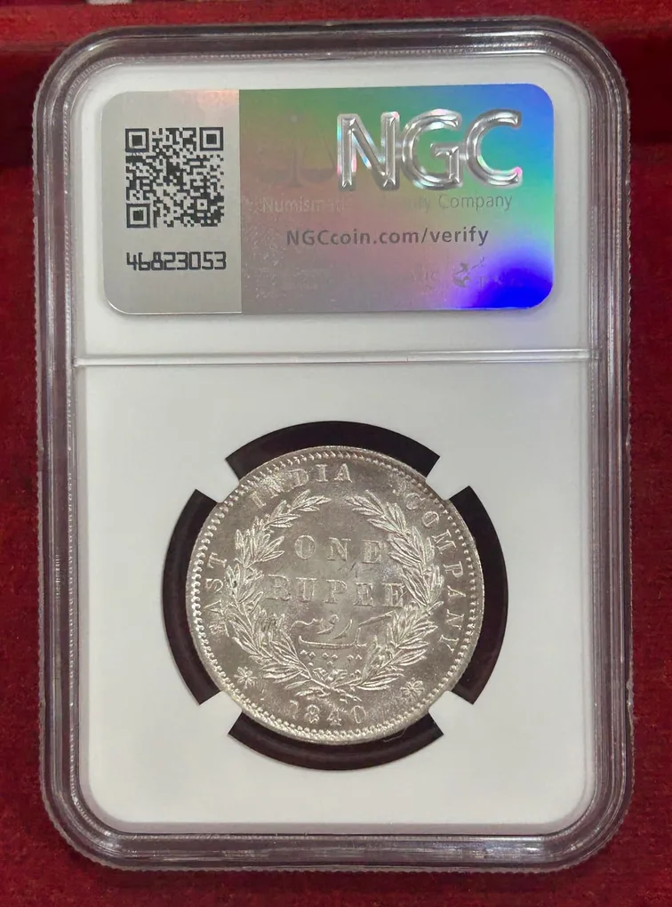 One Rupee 1840 - Victoria Queen NGC Grade MS-63 Very High Grade Extremely Rare Coin