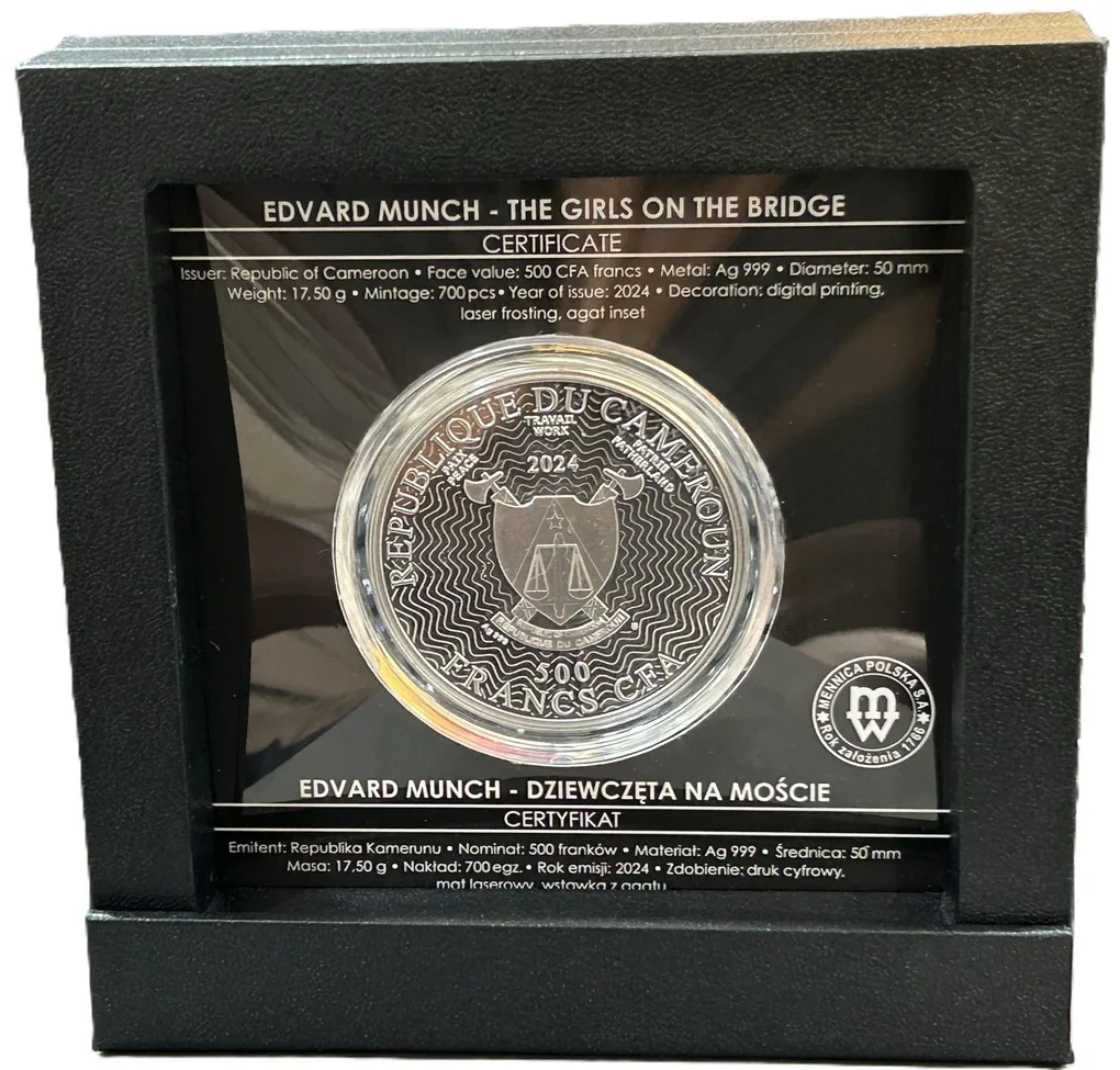 GIRLS ON THE BRIDGE EDVARD MUNCH 500 FRANCS (SILVER 17.50 G ) CAMEROON 2024 RARE COIN PROOF SET