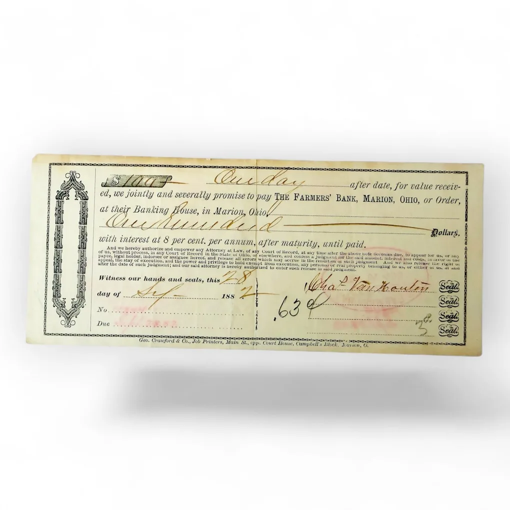 Farmers Bank Marion Ohio Dollar 100 Bill Year 1882 Unique and rare