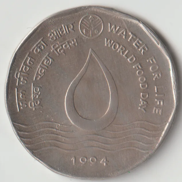 Rare 2 Rupee 1994 World Food Day Water For Life Calcutta Mint National Integration Water Drop On The See India Coin