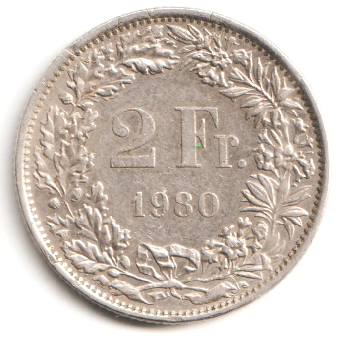 2 France 1980 Republique Silver 8.75 gm 1980 HALVETIA Commemorative in Circulation Issue A Bovy Mint Coin