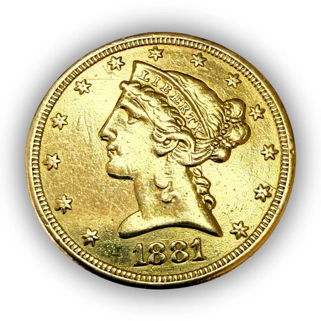 United States Liberty Half Eagle Year 1881 Gold Coin 5 Dollar 8.359 Grams Troy Oz Gold Unique and Rare