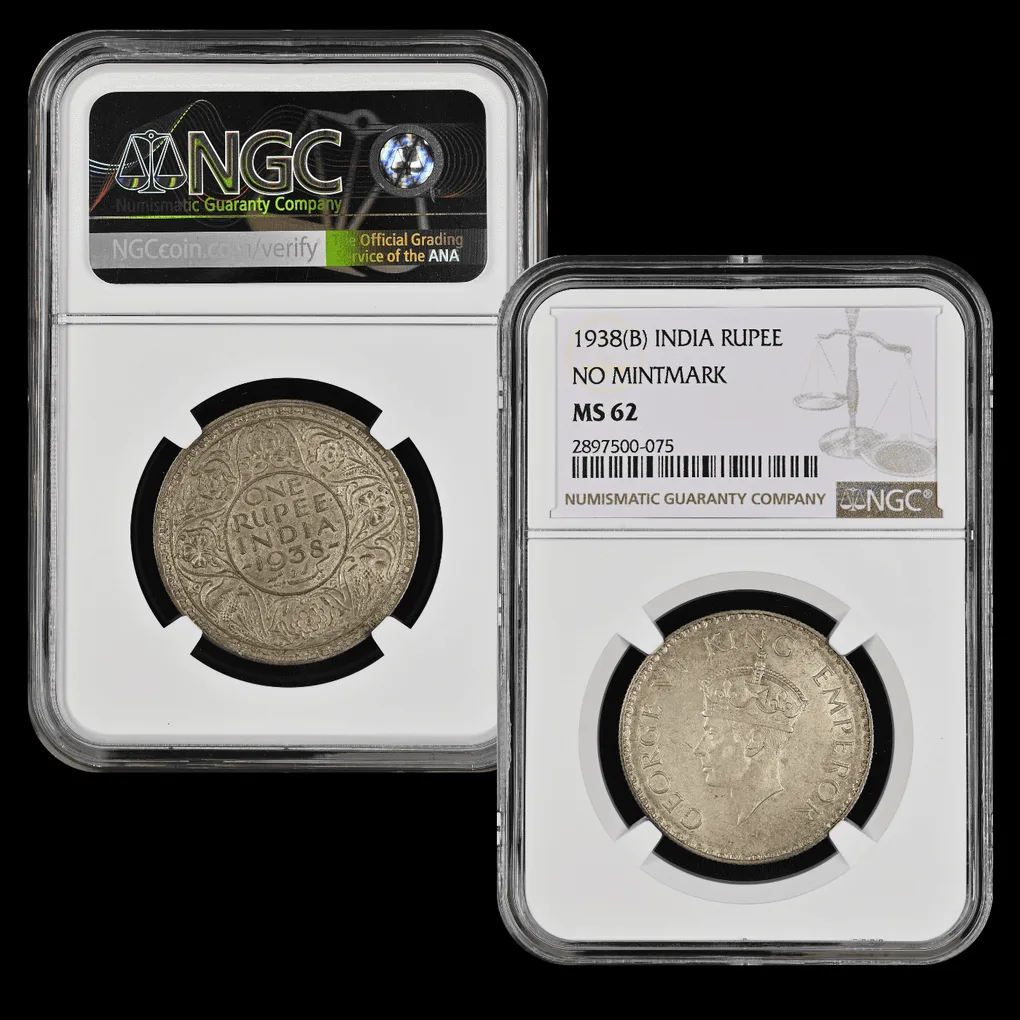 RARE 1938(B) INDIA RUPEE UNC CONDITION NGC GRADED HIGH GRADE MS 62