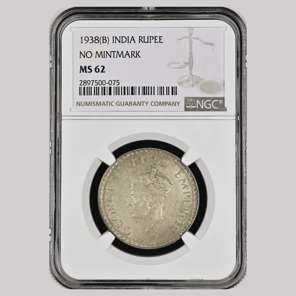 RARE 1938(B) INDIA RUPEE UNC CONDITION NGC GRADED HIGH GRADE MS 62