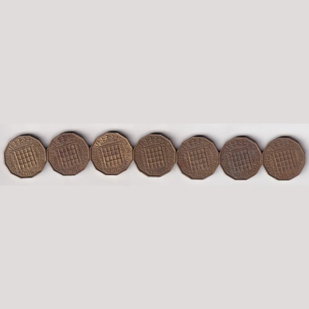 7 Different Dates United Kingdom 3 Pence Rare (7 Coin) Set #R-62