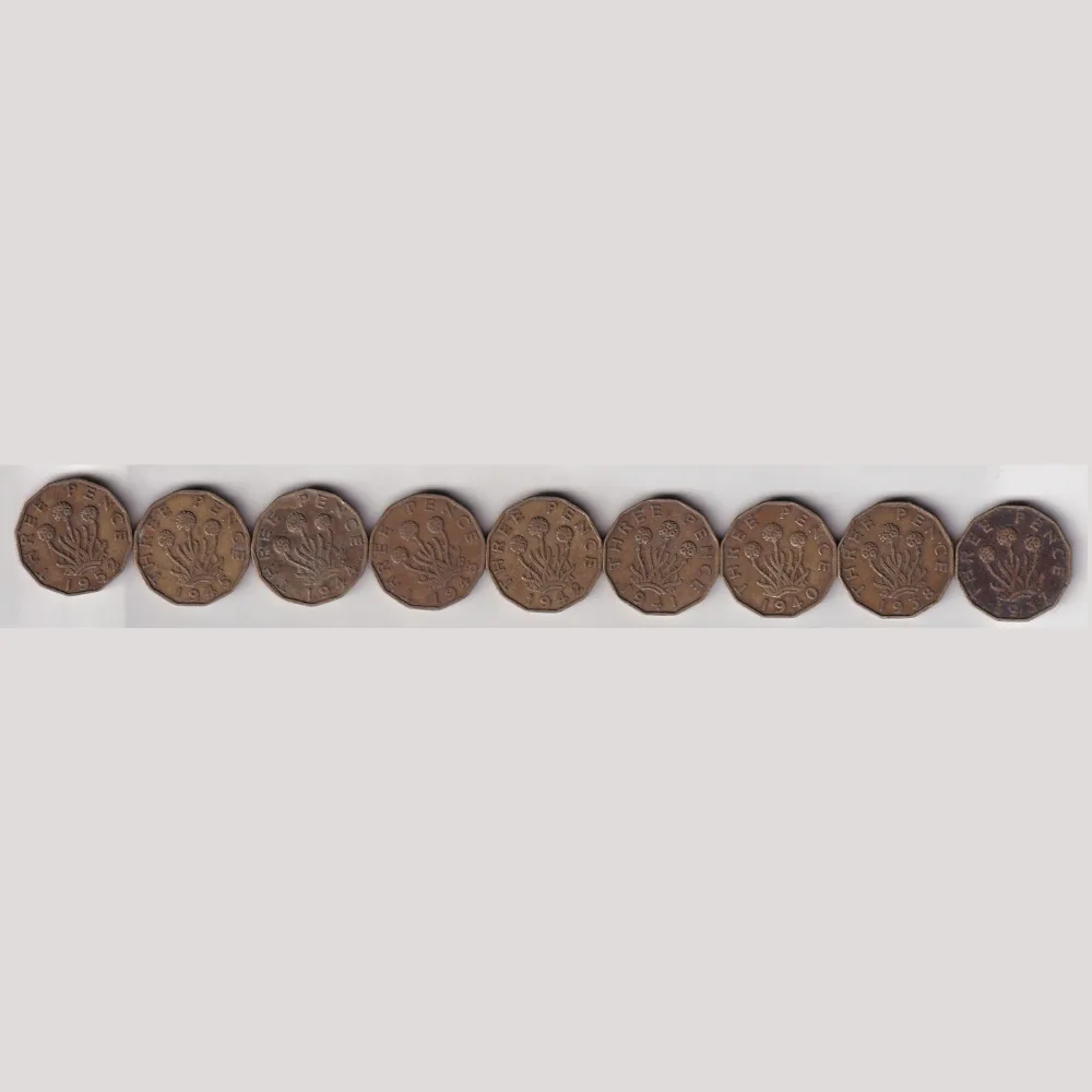 9 Different Dates United Kingdom 3 Pence Rare (9 Coin) Set #R-63