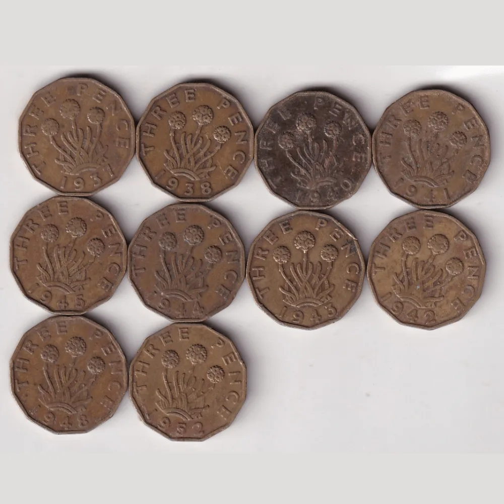 10 Different Dates United Kingdom 3 Pence Rare (10 Coin) Set #R-65