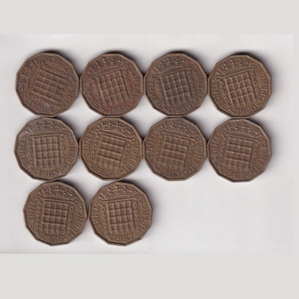 10 Different Dates United Kingdom 3 Pence Rare (10 Coin) Set #R-66
