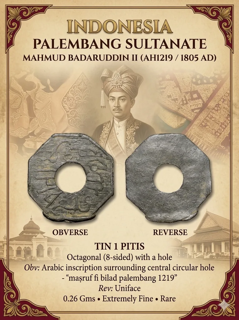 Tin 1 Pitis of Mahmud Badaruddin II (AH1219/1805AD) of Palembang Sultanate from Indonesia - Sumatra Islands