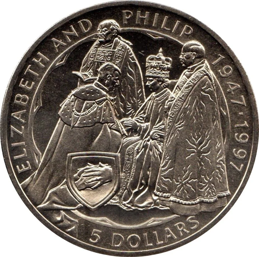 New Zealand 5 Dollars 1997 - Elizabeth II 3rd Portrait; Golden Wedding Rare Coin ( First Day Cover with Stamp )