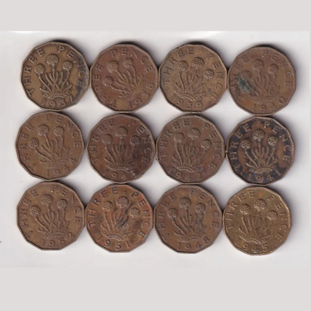 12 Different Dates United Kingdom 3 Pence Rare (12 Coin) Set #R-64