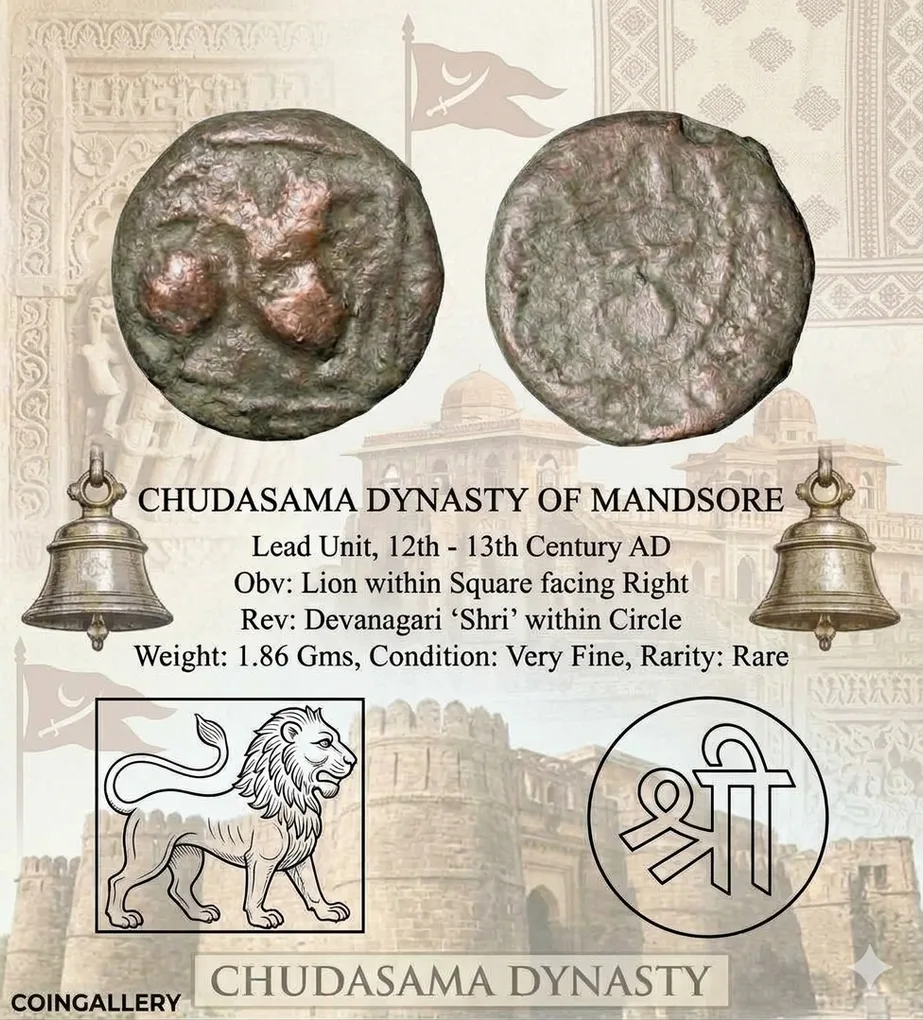 Lead Drachma of Chudasama Dynasty( c. 10th Cen. AD) with Lion Within Square/Nagari 'Shri'