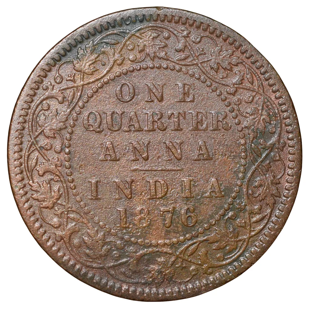 Rare Copper 1/4 Anna of Victoria Queen (AD 1876) of Calcutta Mint Reverse Type 1
