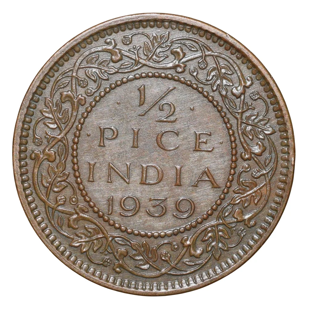 Bronze 1/2 Pice of George VI (AD 1939) of Calcutta Mint Head Type I