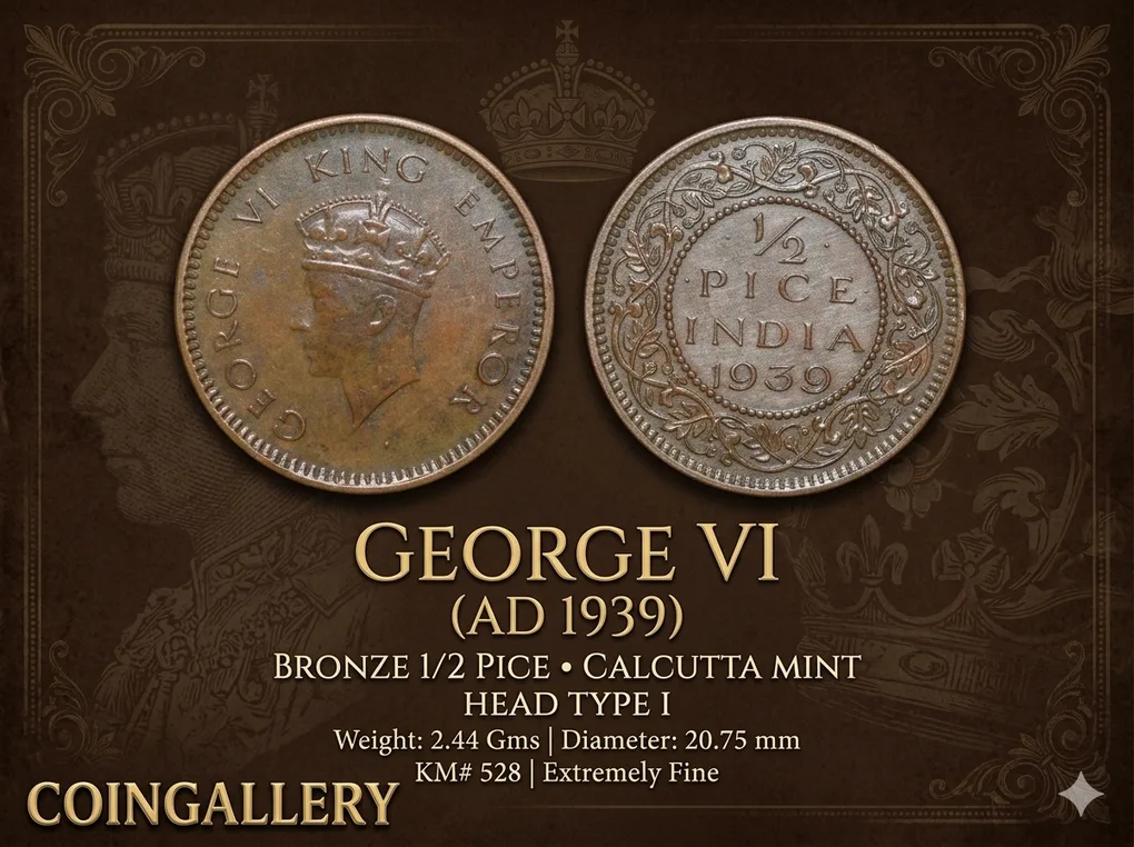 Bronze 1/2 Pice of George VI (AD 1939) of Calcutta Mint Head Type I