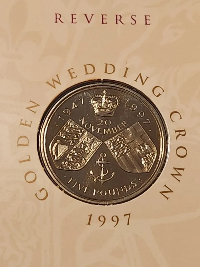 United Kingdom 5 Pounds 1997 - Elizabeth II Golden Wedding Rare Coin ( First Day Cover with Stamp )