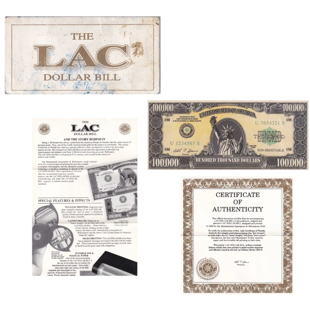 One Lac Dollar Bill With Certificate Rare Set#B2