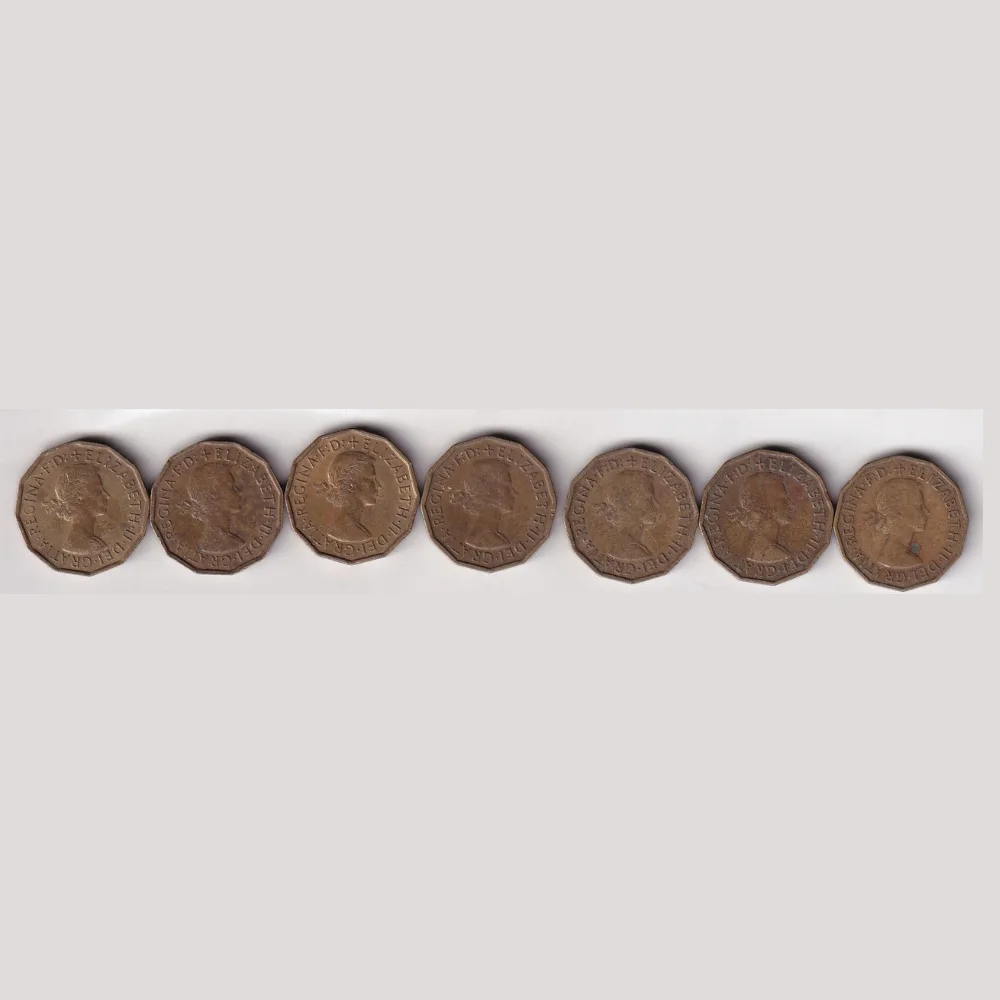 7 Different Dates United Kingdom 3 Pence Rare (7 Coin) Set #R-62