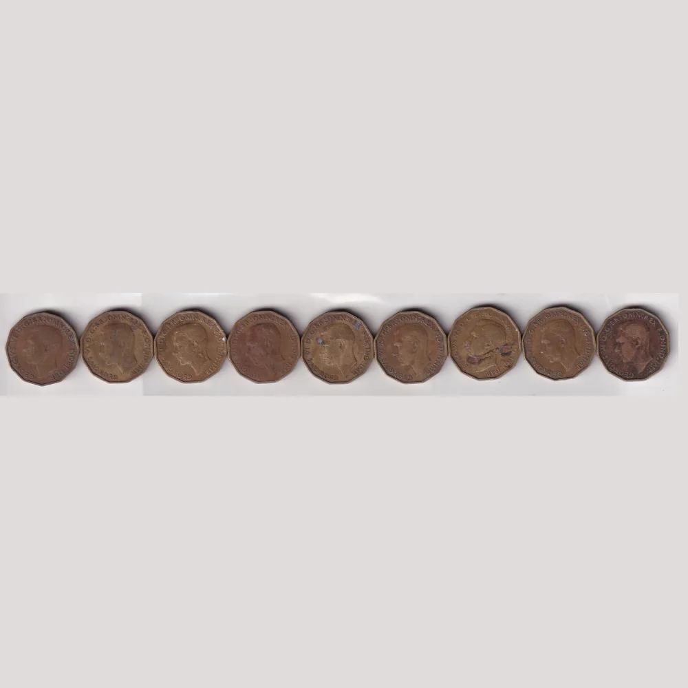 9 Different Dates United Kingdom 3 Pence Rare (9 Coin) Set #R-63