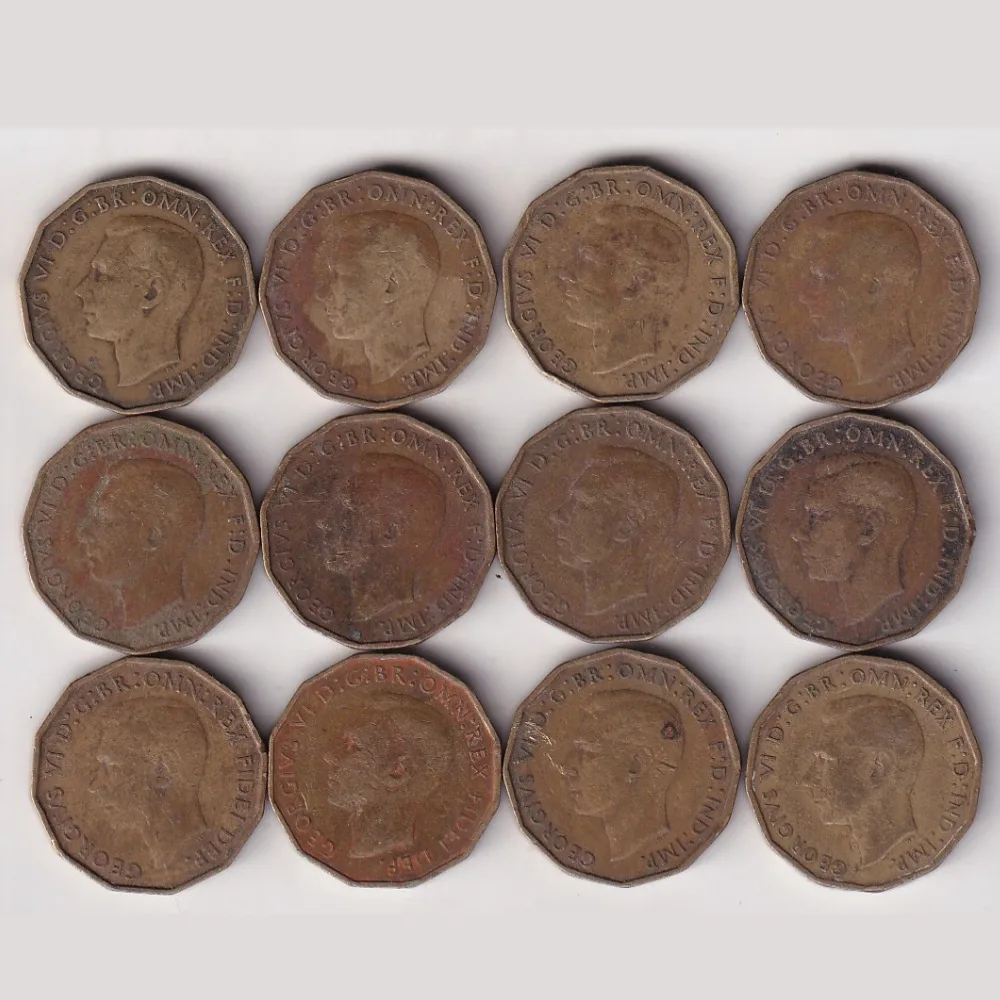 12 Different Dates United Kingdom 3 Pence Rare (12 Coin) Set #R-64