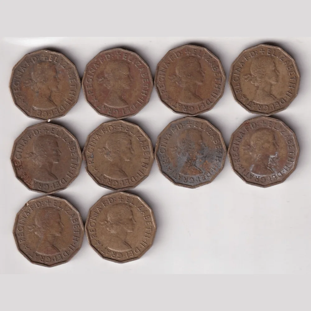 10 Different Dates United Kingdom 3 Pence Rare (10 Coin) Set #R-66