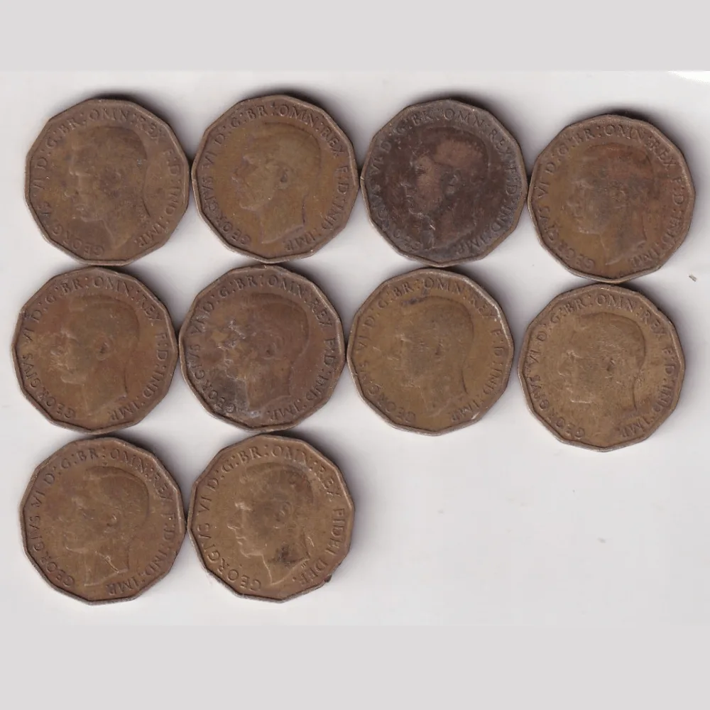 10 Different Dates United Kingdom 3 Pence Rare (10 Coin) Set #R-65