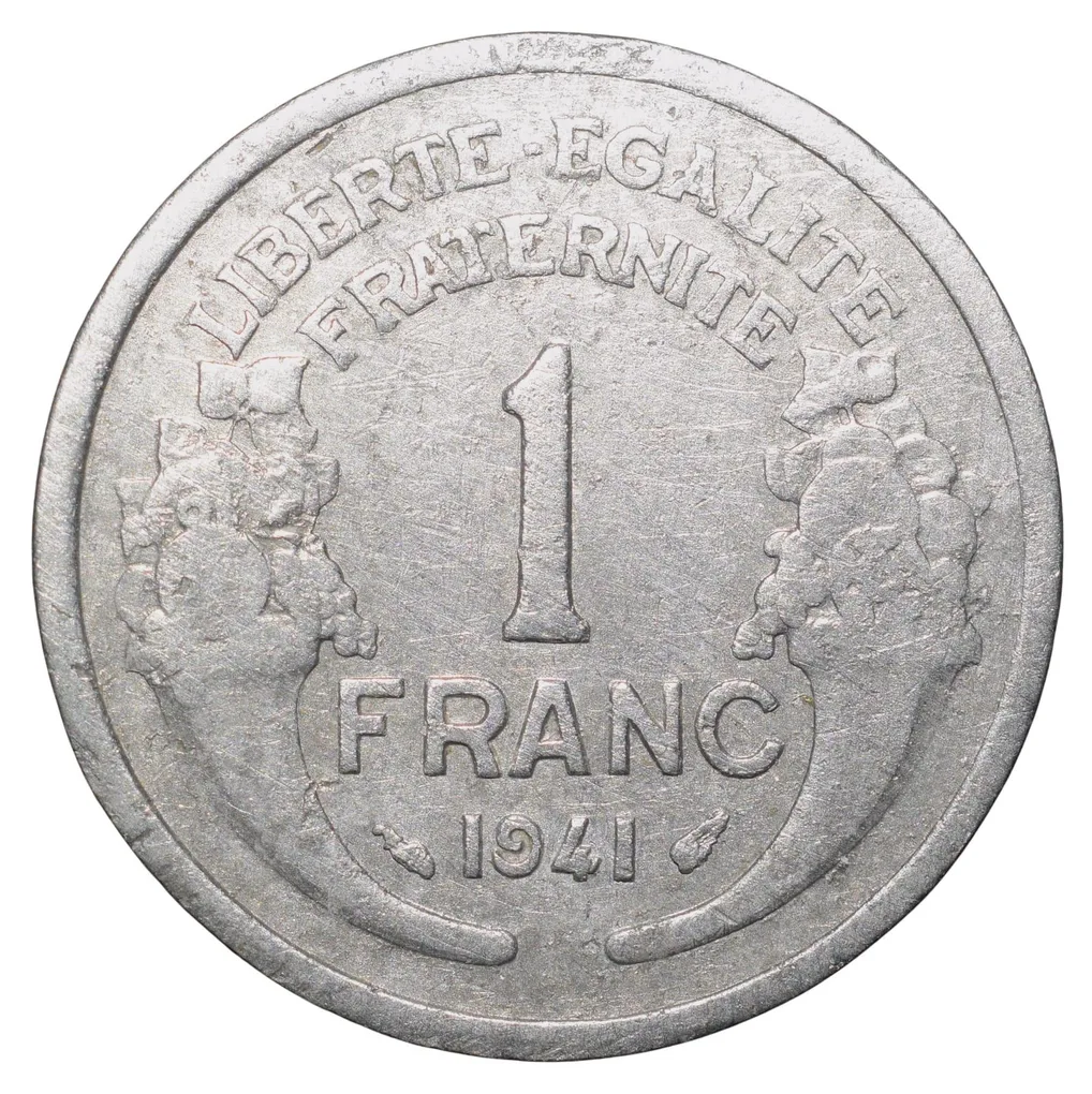 Old Aluminium 1 Franc of France (AD 1941) with Wreathed female head facing left