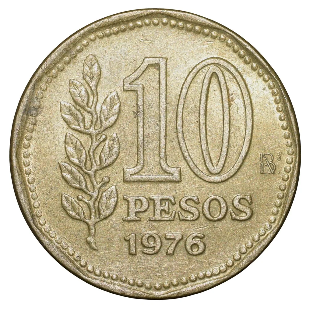 Brass 10 Pesos of Argentina (AD 1976) with 'Sol de Mayo' (Spanish: 'Sun of May')