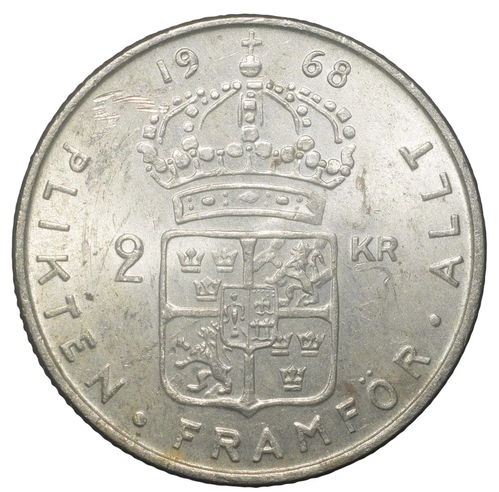 Copper-Nickel 2 Kroner of Gustaf VI Adolf (AD 1968) of Sweden Country Large Size