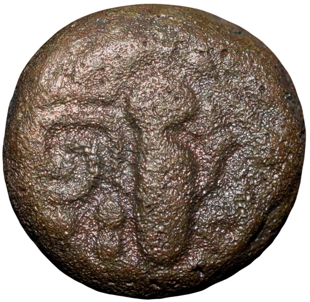 Copper-Alloy Dramma of Malwa Gadhaiya Deravative (AD 1200-1302) Devanagari "Sri Omkara" Type