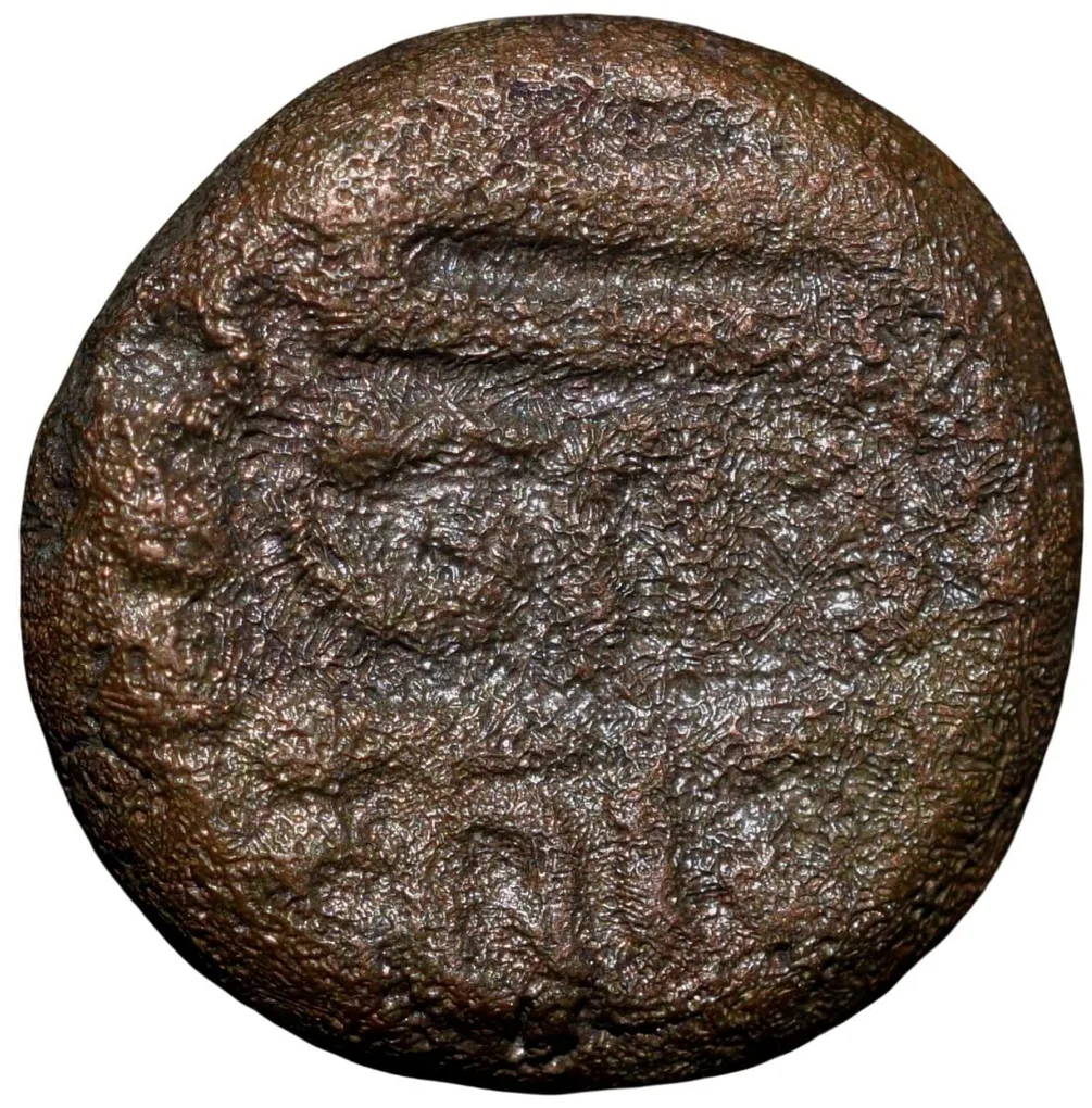 Copper-Alloy Dramma of Malwa Gadhaiya Deravative (AD 1200-1302) Devanagari "Sri Omkara" Type