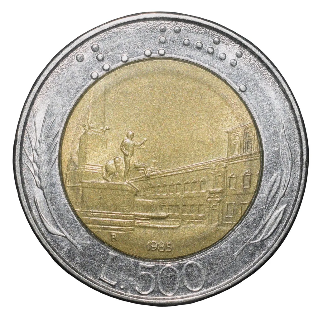 Bi-Metal 500 Lira of Italy (AD 1985) with A view of the Piazza del Quirinale, Rome.