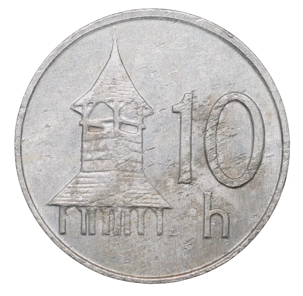 Aluminium 10 Halierov of Slovakia Country (AD 1999) with The octagonal wooden belfry with the shingled roof