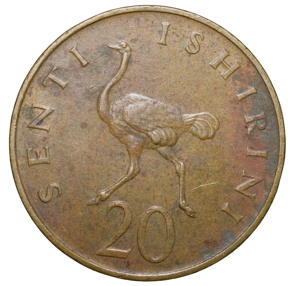Nickel-Brass 20 Senti of Tanzania (AD 1984) with Ostrich walking to left Rare